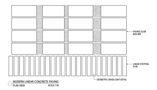 Modern linear concrete paving layout vector graphic with grass joint detail for landscape design isolated on transparent background.