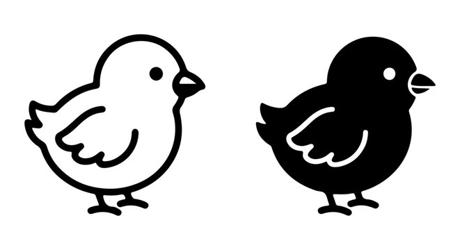 Simple Black and White Chick Icons, Cute Baby Bird Vector Graphics, Minimalist Poultry Symbols