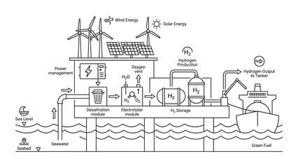Obraz premium Offshore green hydrogen production facility infographic line drawing.