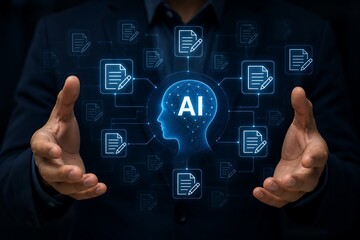 Obraz premium Hands holding digital ai brain with interconnected document icons and glowing neural network