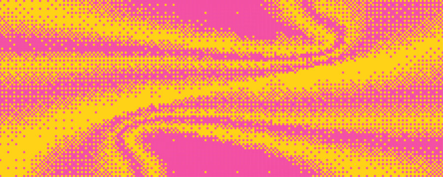 Pixelated bitmap gradient texture in yellow and pink color. Retro cyberpunk pixel art, glitch dither pattern, 8 bit background. Halftone fade duotone border for arcade video game. Vector illustration
