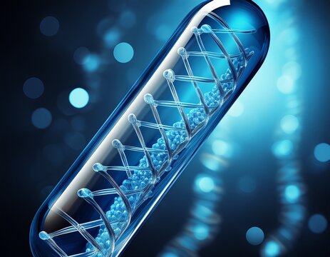 dna capsule genetic engineering concept blue transparent pill biotechnology