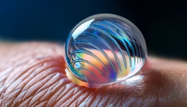 synthetic corneal lens implant with iridescent transparent structure resting on organic tissue surface futuristic bioengineered eye implant concept for regenerative ophthalmology vision restoration