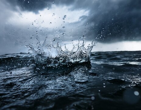 heavy rain splash on dark turbulent water during a storm crown splash macro detail flood water surface extreme weather impact climate change deluge moody monsoon atmosphere