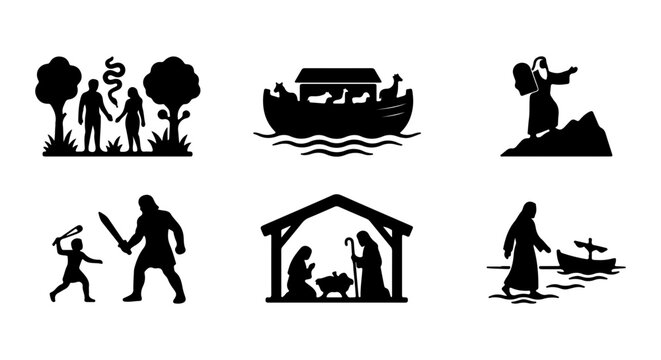 Biblical Scenes Vector Icons: Noah's Ark, Nativity, David & Goliath, Creation, Jesus
