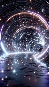 Abstract neon light tunnel background, futuristic vertical space travel for social media and VR concepts.