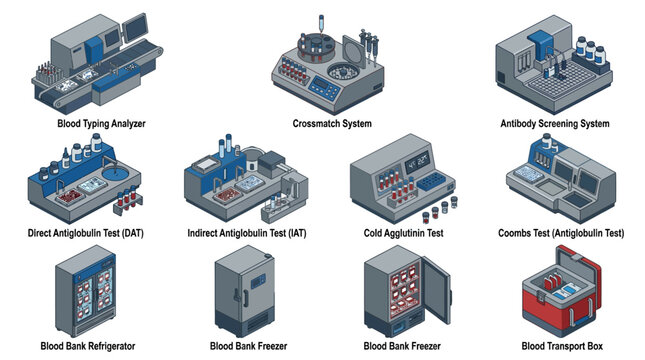 Isometric Vector Icon Set of Blood Bank Laboratory Equipment and Testing Systems including Analyzer, Refrigerator, and Transport Box for Medical Presentations and Design Projects