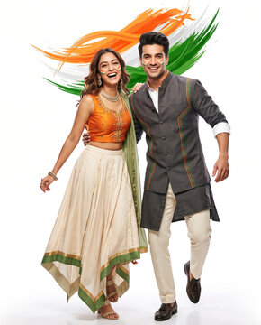 Happy Indian couple in traditional outfits celebrating Independence Day on white background