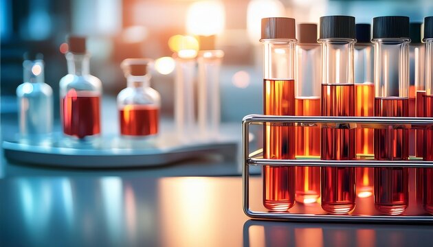 laboratory test tube samples in rack with amber and red liquids for medical and diagnostic background use in research and clinical banner design