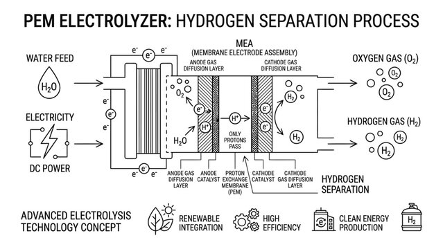 Technical Diagram Illustrating PEM Electrolyzer Hydrogen Separation Process.