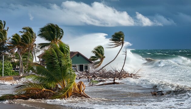 an image depicting the devastation caused by a strong wind hurricane and island flood disaster requiring emergency response and community preparation