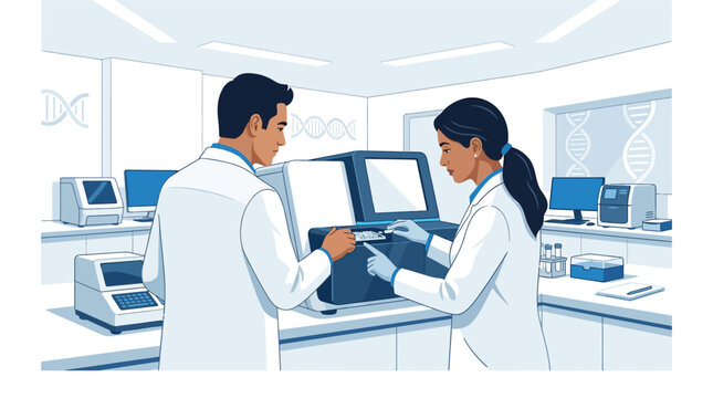 Male and female scientists in white lab coats operating a DNA sequencer in a modern biotechnology laboratory with DNA helix graphics and specialized medical research equipment.