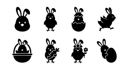 Obraz premium Easter Bunny and Chick Icons, Spring Holiday Vector Graphics, Cute Animal Silhouettes for Celebration