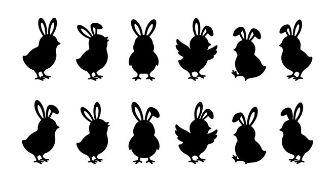Cute Easter Chick Bunny Silhouettes, Spring Holiday Vector Icons, Black and White Animal Graphics