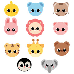 Obraz premium Cute animal faces avatar set in flat design chibi style vector illustration