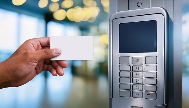 hand holding blank white rfid card near sleek silver access control reader smart security building entry system and technology mockup concept urban office bokeh background