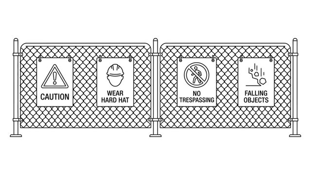 Construction site chain link fence with various safety warning signs.