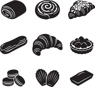 French bakery pastry icons set, black silhouette croissant and macaron vector illustrations, 9 sweet dessert food elements for cafe menus