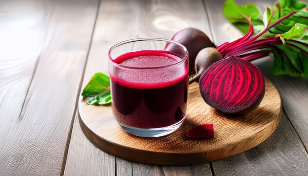 fresh beet juice in glass with sliced beetroot on wooden board
