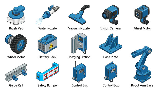 Isometric Industrial Automation and Robotic Components Icon Set, Vector Blue Line Icons of Factory Machinery Parts, Battery Pack, Control Box, Robot Arm Base, and Engineering Equipment
