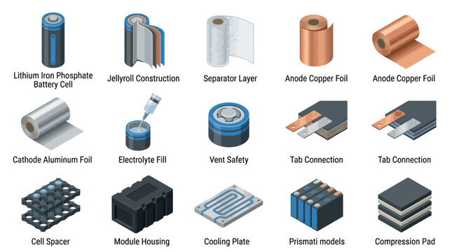 Lithium Iron Phosphate LFP Battery Cell Components and Manufacturing Process Isometric Icon Set, Vector Illustration for EV Tech Presentation and Infographics