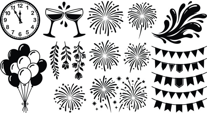 Clock Fireworks and Celebration Icons Set with Balloons, Party Banners, and Decorative Flames in Black and White