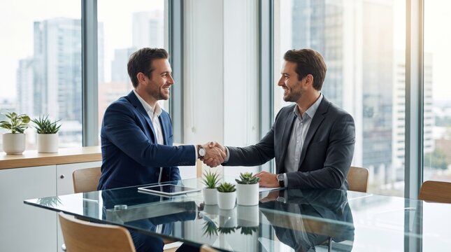 Two Caucasian men in business suits shake hands with smiles in a modern office with city views.