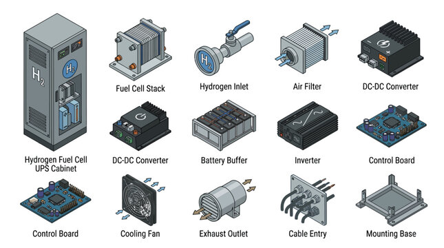 Isometric Hydrogen Fuel Cell Component Icon Set with UPS Cabinet, Stack, Inverter, Control Board, and Battery Buffer for Clean Energy and Industrial Technology Infographics