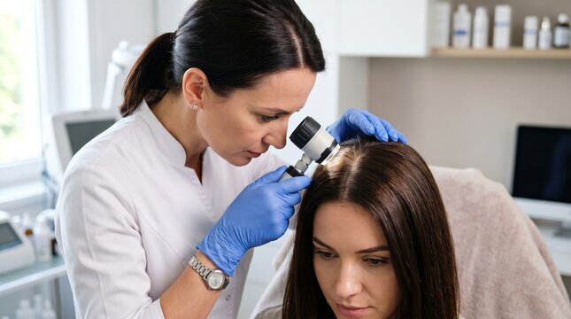 A female dermatologist examines a young woman's scalp under a microscope in a bright clinical setting.