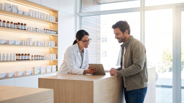 A smiling female pharmacist and a male customer discuss health options at a modern pharmacy.