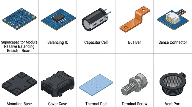 Isometric Electronic Components and Supercapacitor Hardware Parts Icon Set for Technical Diagrams, Engineering Schematics, and Educational Presentations, Vector Illustration