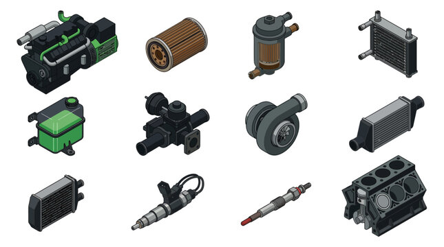 Isometric Car Engine Parts Vector Icon Set featuring Turbocharger Radiator Oil Filter Fuel Injector and Cylinder Block for Automotive Repair Services and Mechanic Garage Infographics