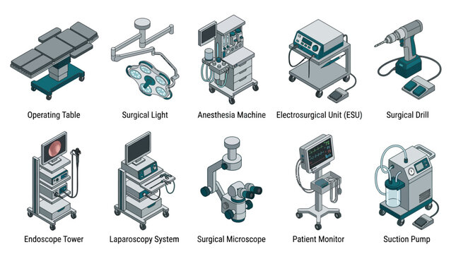 Isometric Surgical Equipment and Medical Device Icon Set featuring Operating Table, Anesthesia Machine, Patient Monitor, and Endoscope Tower for Healthcare Infographics and Presentations