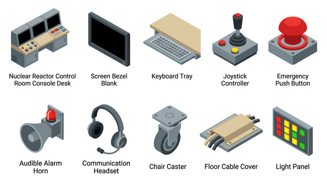 Isometric Control Room and Office Equipment Icon Set featuring console desk, monitor screen, joystick, emergency button, alarm horn, headset, caster, cable cover, and light panel vector design