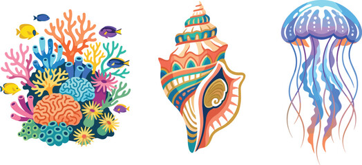 Marine Life Vector Icon Set Featuring Colorful Coral Reef Tropical Fish Spiral Seashell and Floating Jellyfish for Summer Graphic Design Projects © EdGe Creative