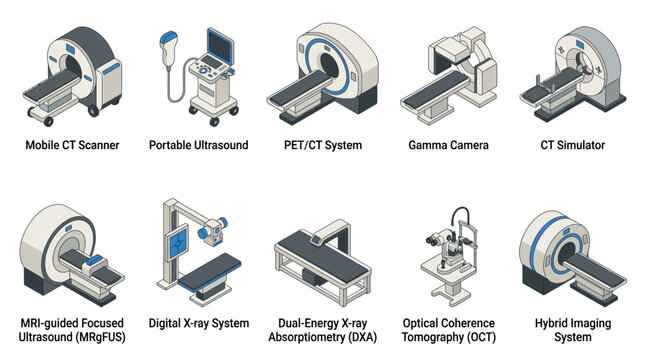 Isometric Medical Imaging Equipment Icon Set featuring CT Scanner, MRI, X-ray, and Ultrasound Machines for Hospital Presentations and Healthcare Graphic Design Templates