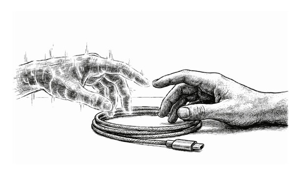 Human and robotic hand connecting via usb c cable illustration