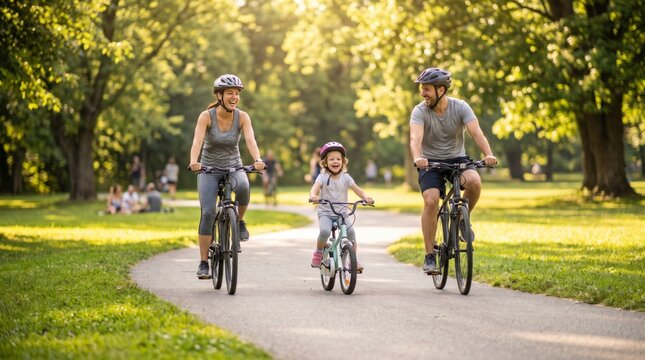 A joyful family biking together in a park, blending warmth and laughter as they enjoy a sunny afternoon.