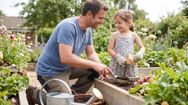A smiling Caucasian father and his daughter enjoy planting in their backyard garden, sharing a joyful moment filled with laughter.