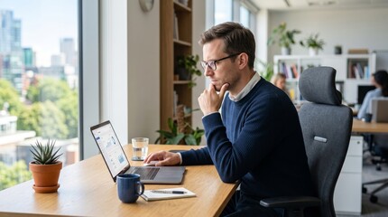 Fototapeta premium Focused young Caucasian man in a cozy office, analyzing data on his laptop with a thoughtful expression.