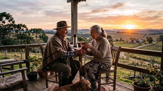 An elderly couple sharing chimarr&atilde;o on a porch at sunset, with a dog and a picturesque rural landscape.