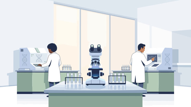 Vector illustration of a modern biotechnology laboratory with diverse scientists in lab coats using DNA sequencing machines, featuring a central microscope and test tube racks on benches.