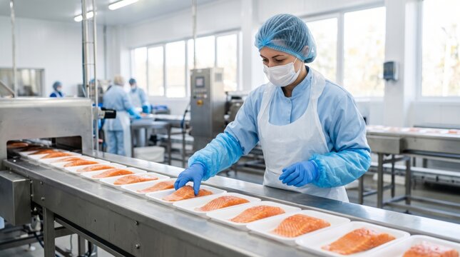 Female worker in blue attire processing salmon at a fish factory, ensuring quality control during packaging.
