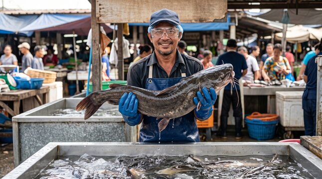 Smiling male fishmonger holds a large catfish in a bustling market, showcasing fresh seafood to enthusiastic customers.