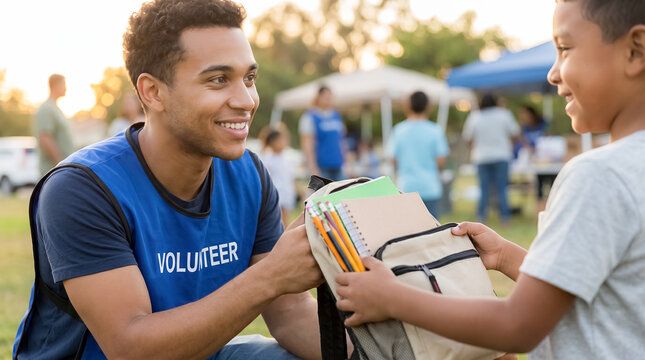 charity volunteer school supplies donation youth community education help smiling volunteer gives notebooks to a child during a community distribution event in warm outdoor light for education aid
