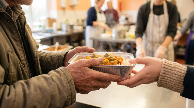 elderly hands hot meal charity volunteer help community support older hands receive a warm takeaway meal from a volunteer showing gratitude dignity and immediate food assistance for senior care