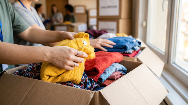 donation boxes volunteers sorting clothes charity community help support volunteer hands sort colorful clothing in cardboard boxes creating an organized donation drive and practical aid scene for