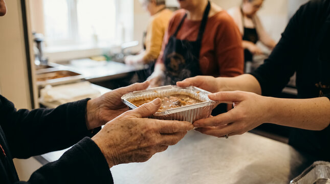 senior receiving meal volunteer charity food support community care elderly person accepts a prepared meal from helping hands in a community service setting with warm human connection for meal