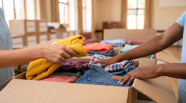 volunteers sorting clothing donations charity boxes community support relief two helpers organize donated garments in boxes near bright windows showing teamwork and material assistance for families