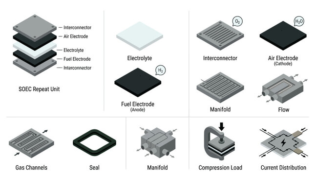 Solid Oxide Electrolyzer Cell SOEC Component Icon Set, Isometric Diagram of Electrolyte, Anode, Cathode, Manifold, Gas Channels, and Current Distribution for Clean Energy Presentation
